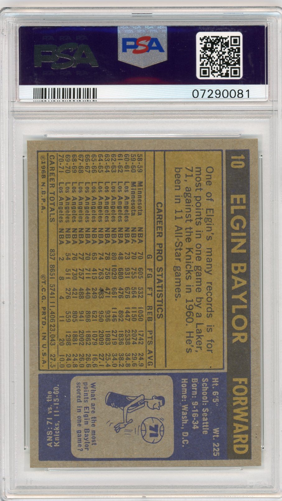1971 Topps Elgin Baylor #10 PSA 9