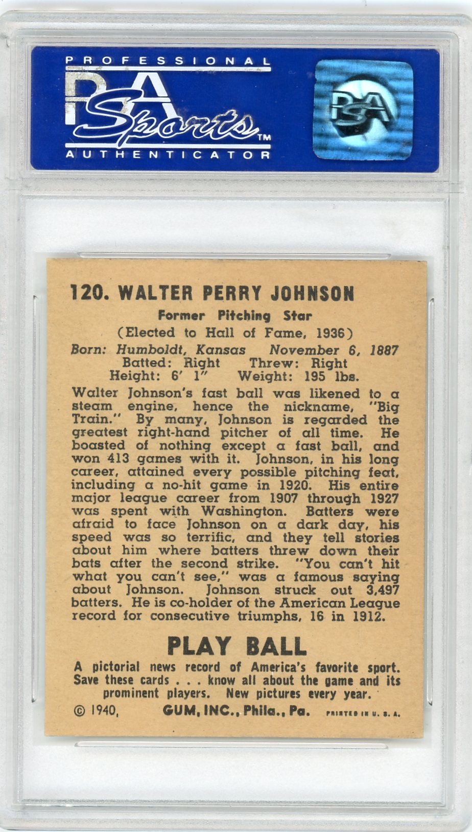 1940 Play Ball Walter Johnson #120 PSA 7