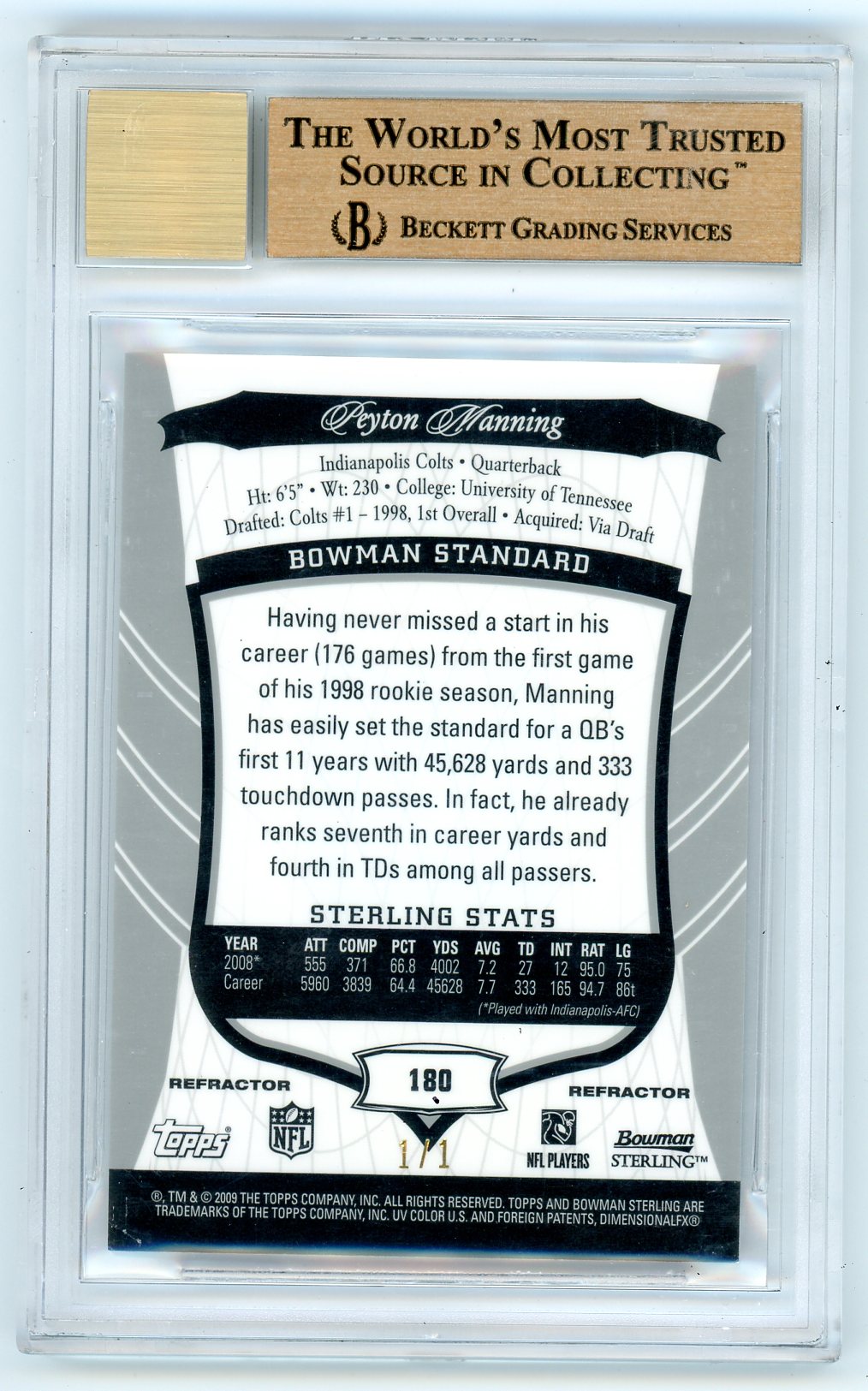 2009 Bowman Sterling Red Refractors Peyton Manning JSY #180A BGS 9.5 AUTO 10