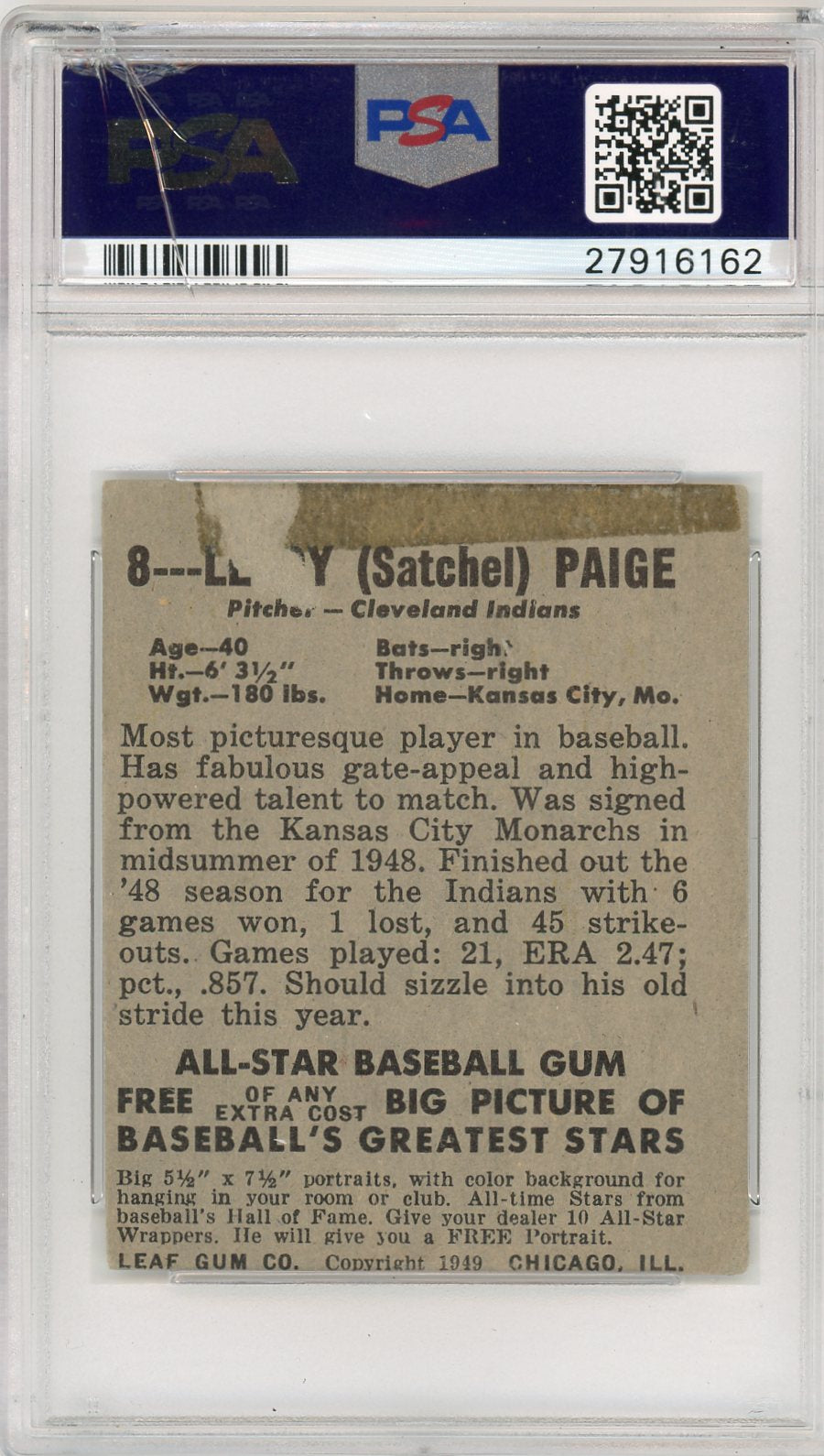 1948 Leaf Satchel Paige #8 PSA 1.5