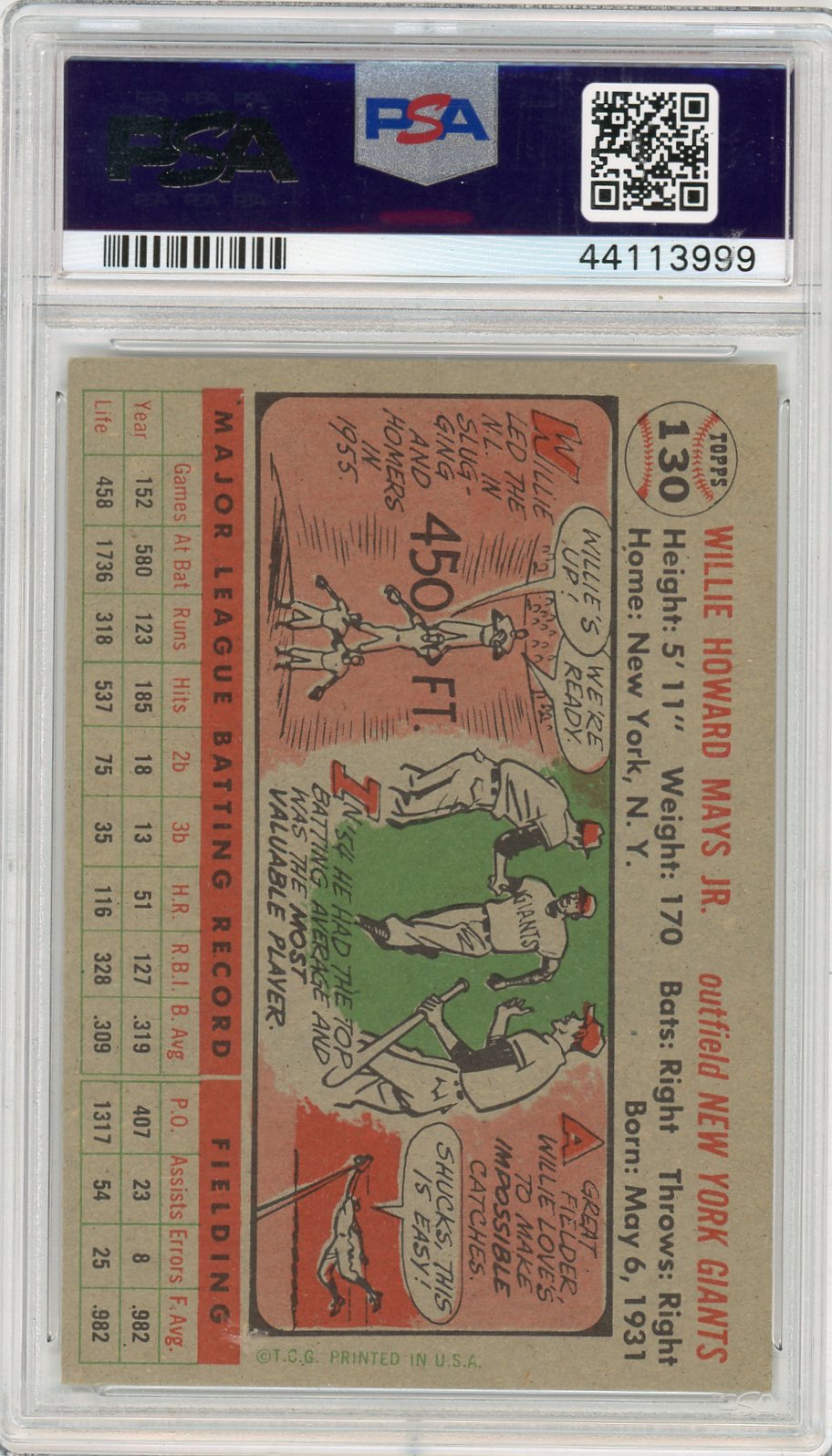 1956 Topps Willie Mays #130 Gray Back PSA 6
