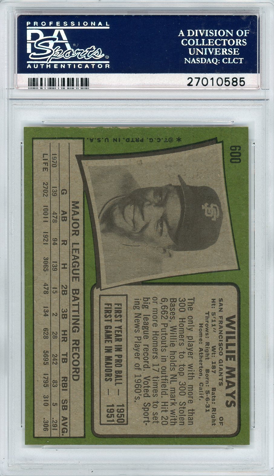 1971 Topps Willie Mays #600 PSA 8