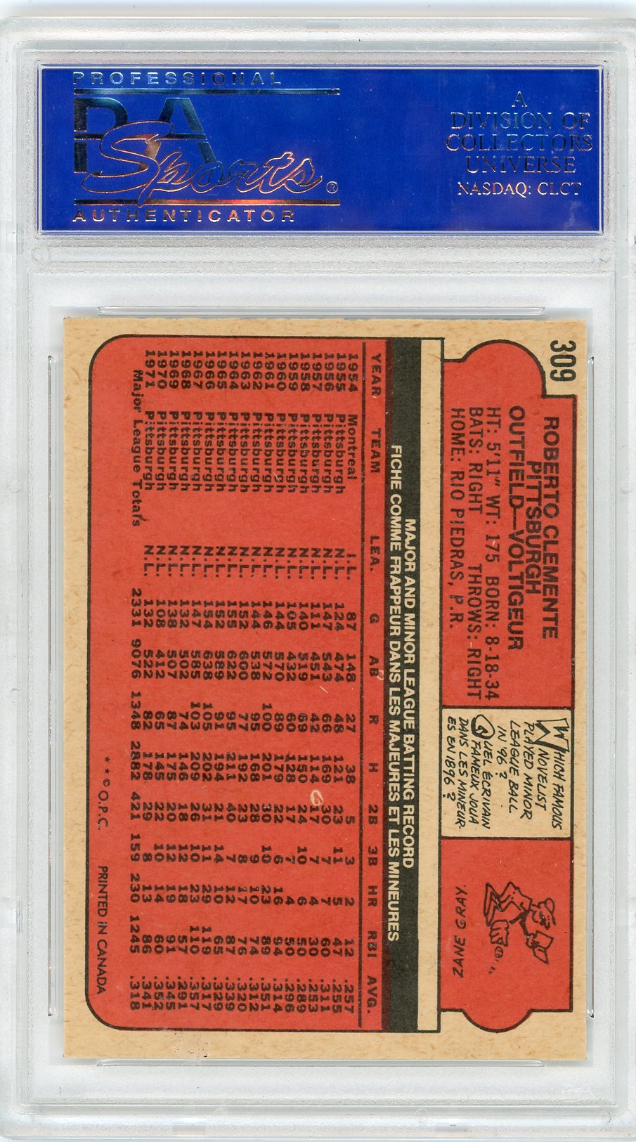 1972 O-Pee-Chee Roberto Clemente #309 PSA 9 Oc