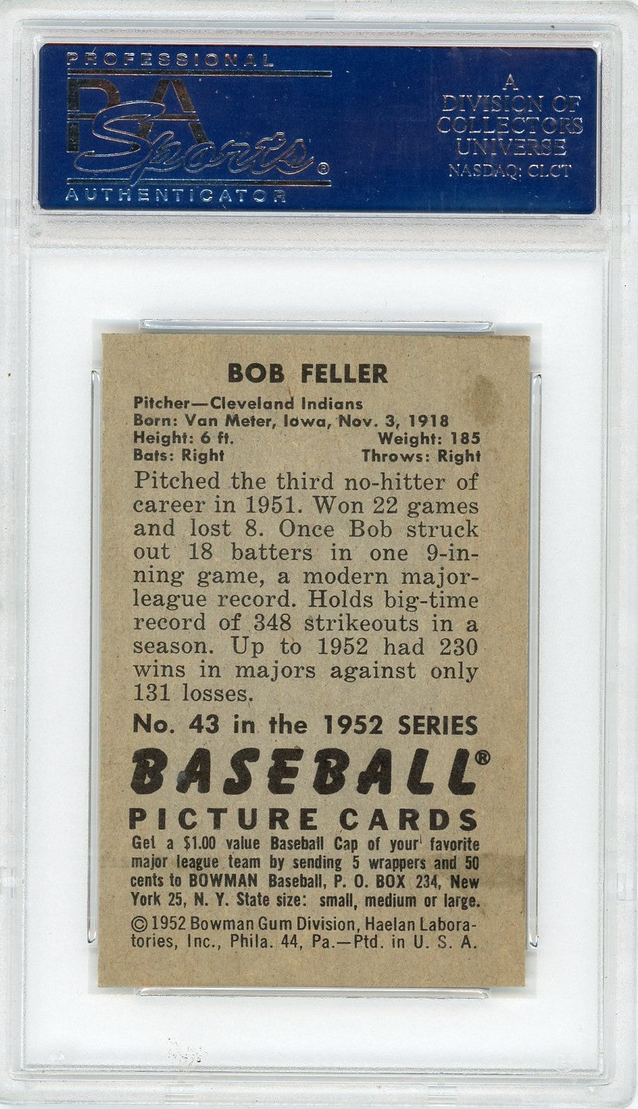 1952 Bowman Bob Feller #43 PSA 8