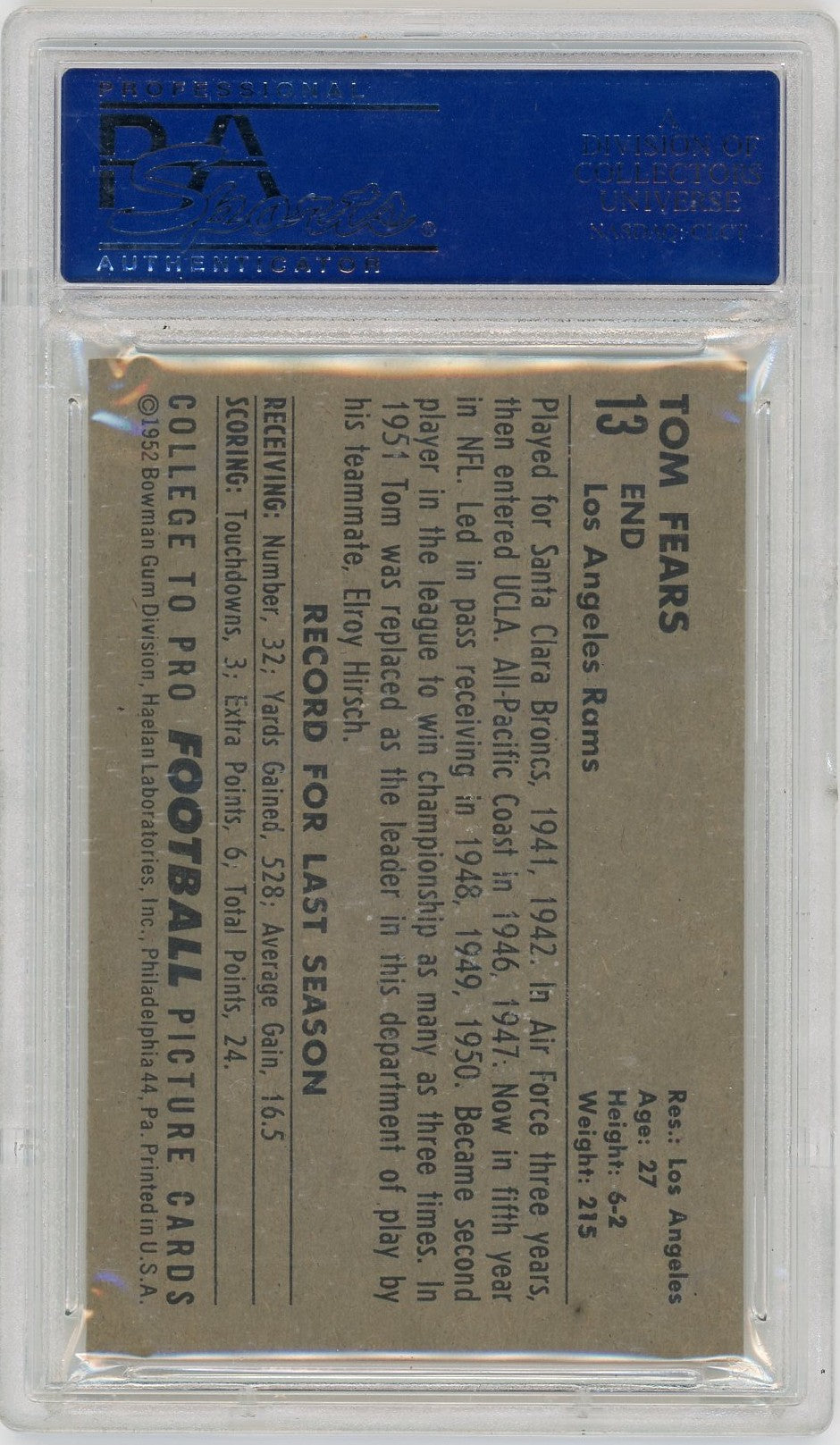 1952 Bowman Large Tom Fears #13 PSA 8