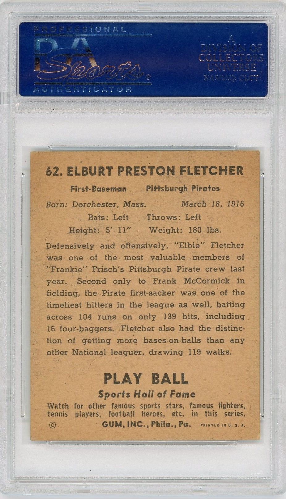 1941 Play Ball Elbie Fletcher #62 PSA 5