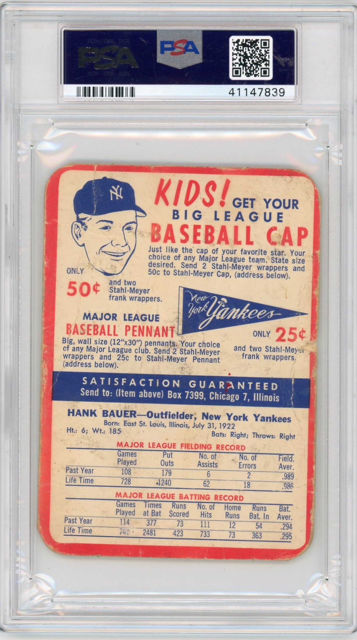 1955 Stahl-Meyer Franks Hank Bauer PSA 1 MK