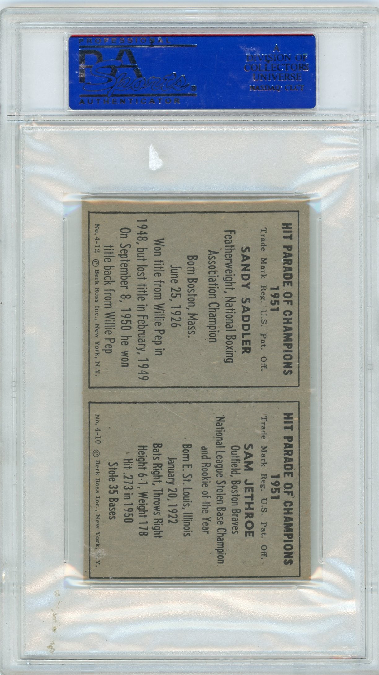 1951 Berk Ross Sam Jethroe 4-10 Sandy Saddler 4 12 PSA 7
