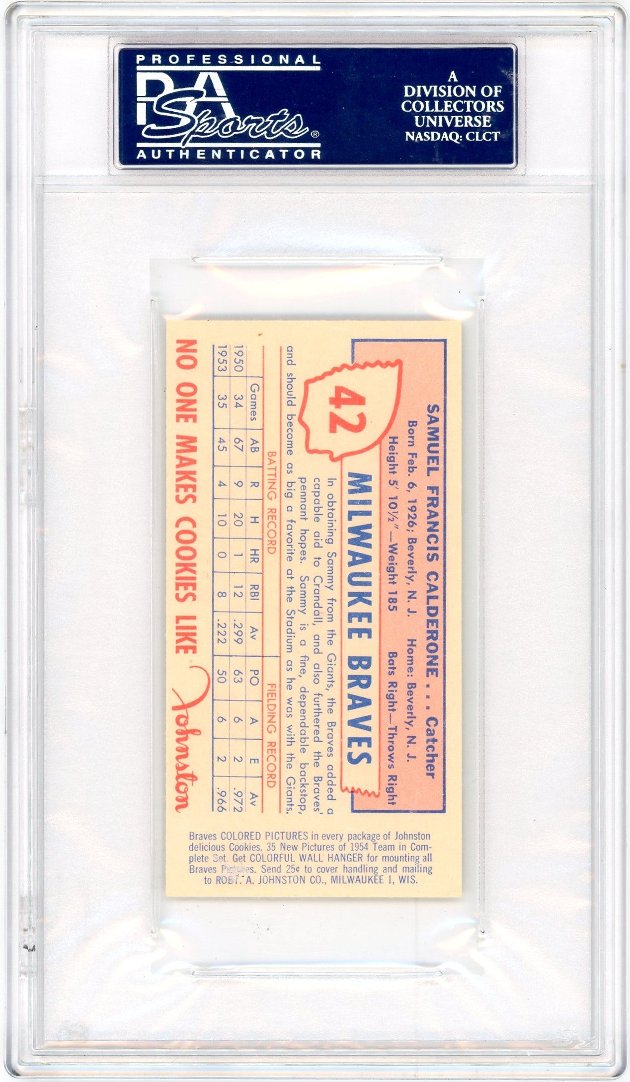 1954 Johnston Cookies Braves Sam Calderone #42 PSA 9