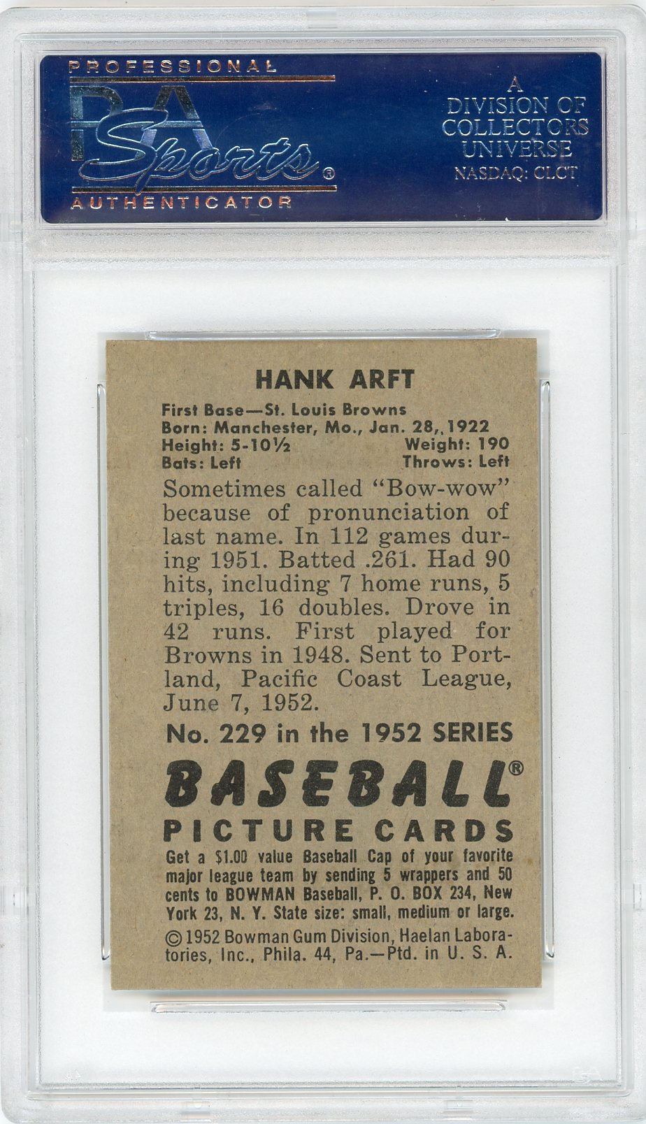 1952 Bowman Hank Arft #229 PSA 8.5