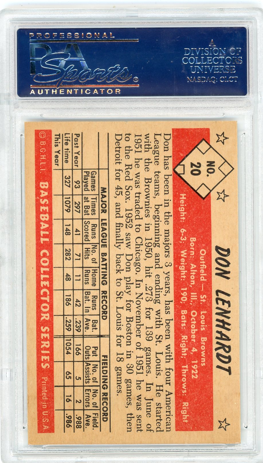 1953 Bowman Color Don Lenhardt #20 PSA 8