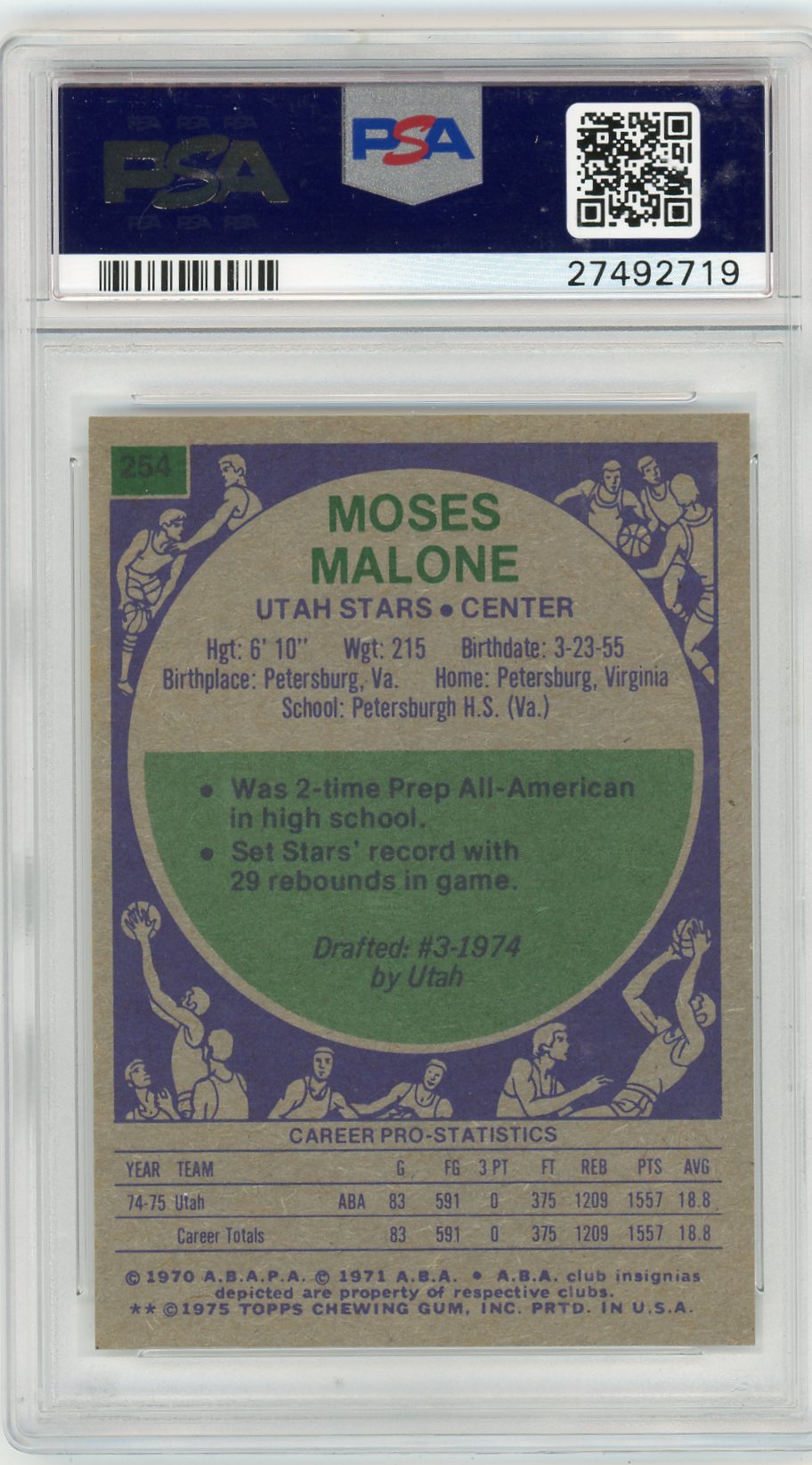 1975 Topps Moses Malone #254 PSA 8