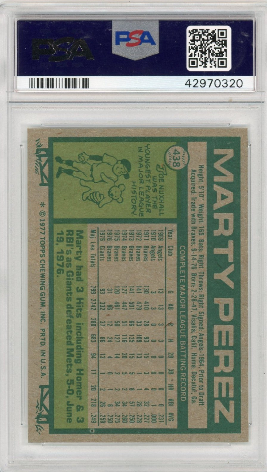 1977 Topps Marty Perez #438 PSA 10