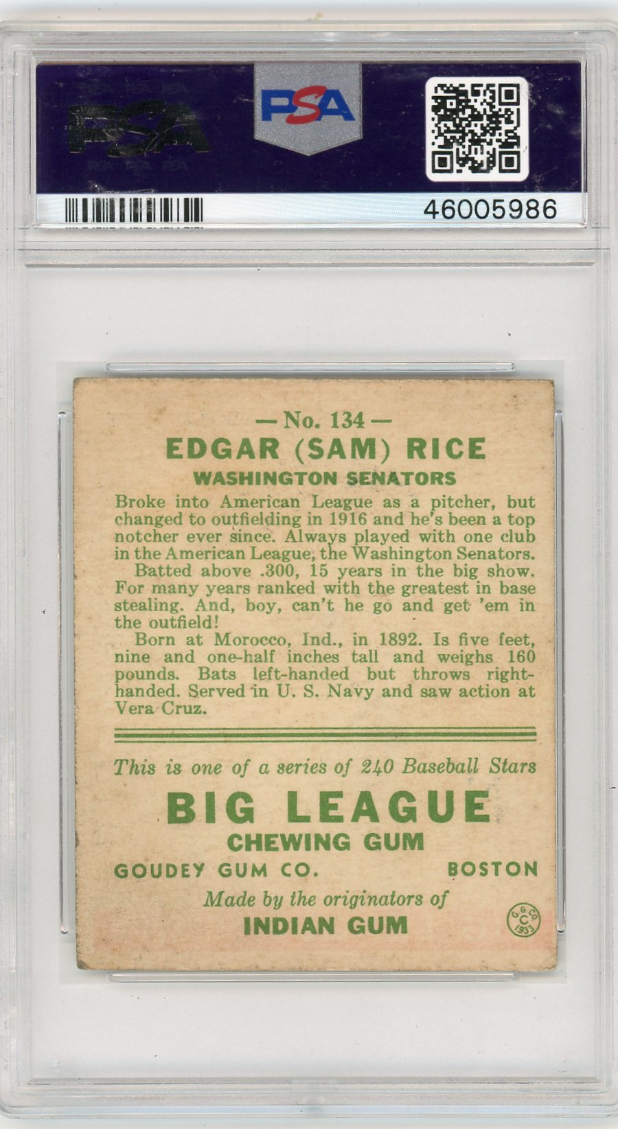 1933 Goudey Sam Rice #134 PSA 4 MC