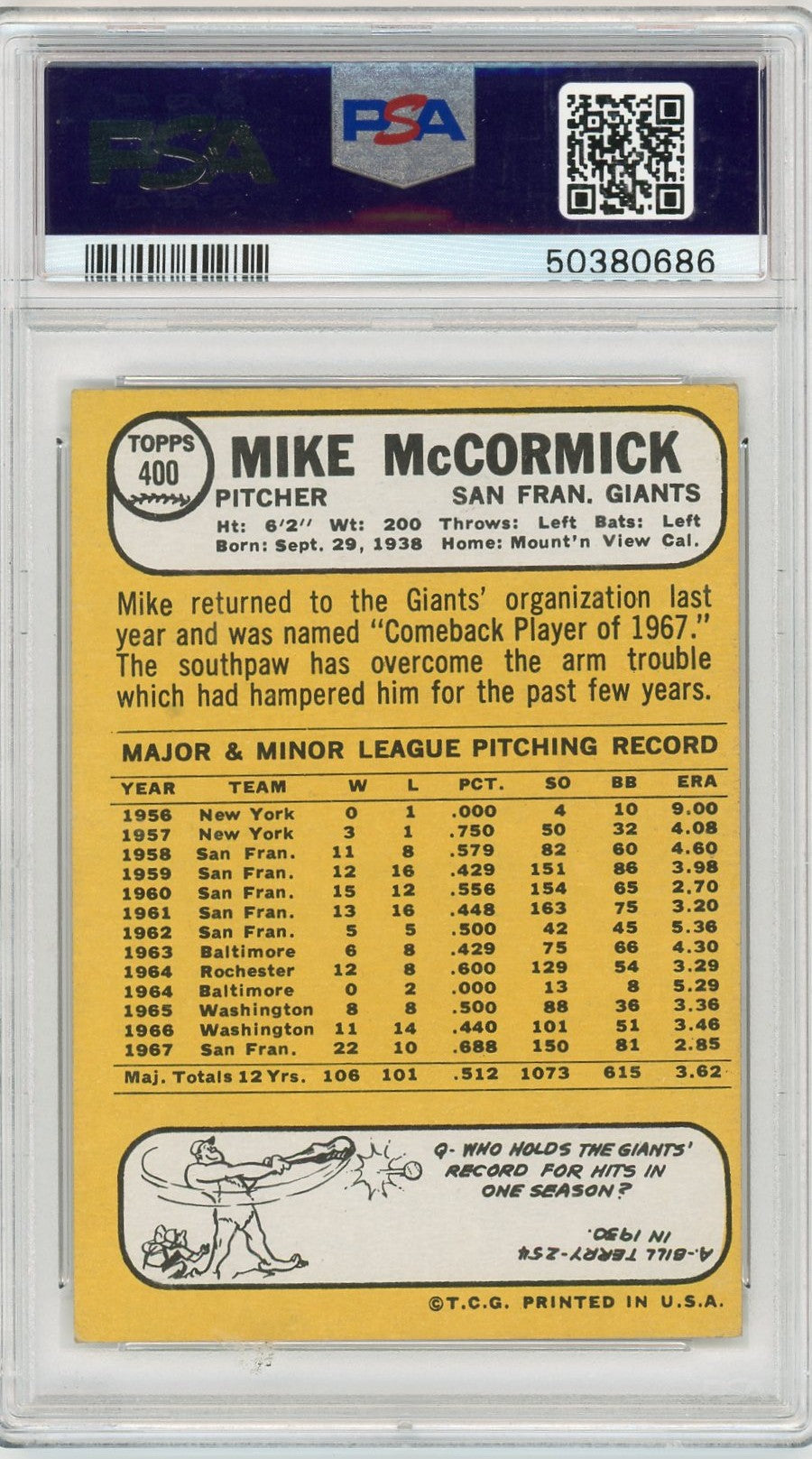 1968 Topps Mike Mccormick #400 White Team Letters PSA 4
