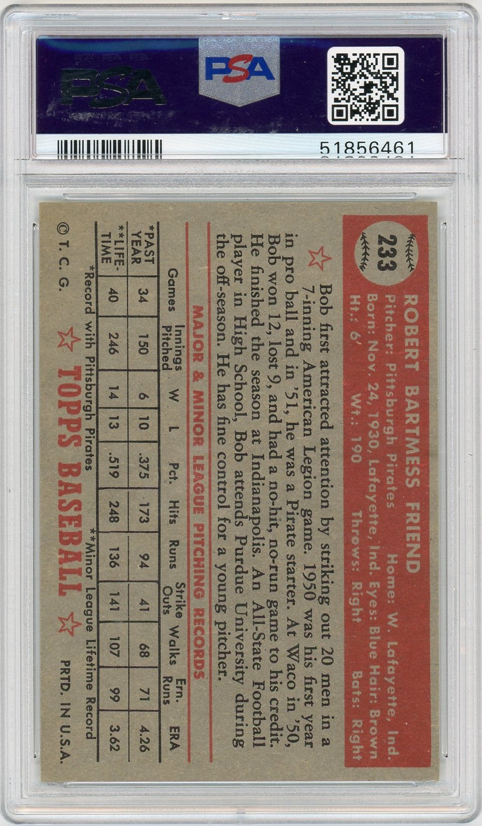1952 Topps Bob Friend #233 PSA 7