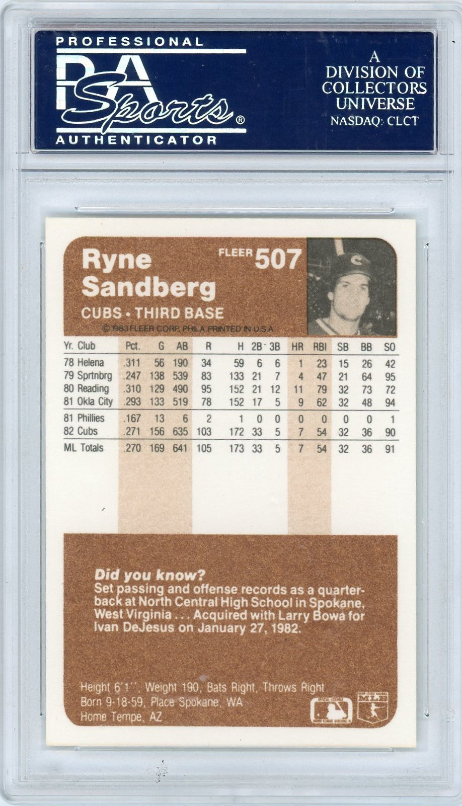 1983 Fleer Ryne Sandberg #507 PSA 10