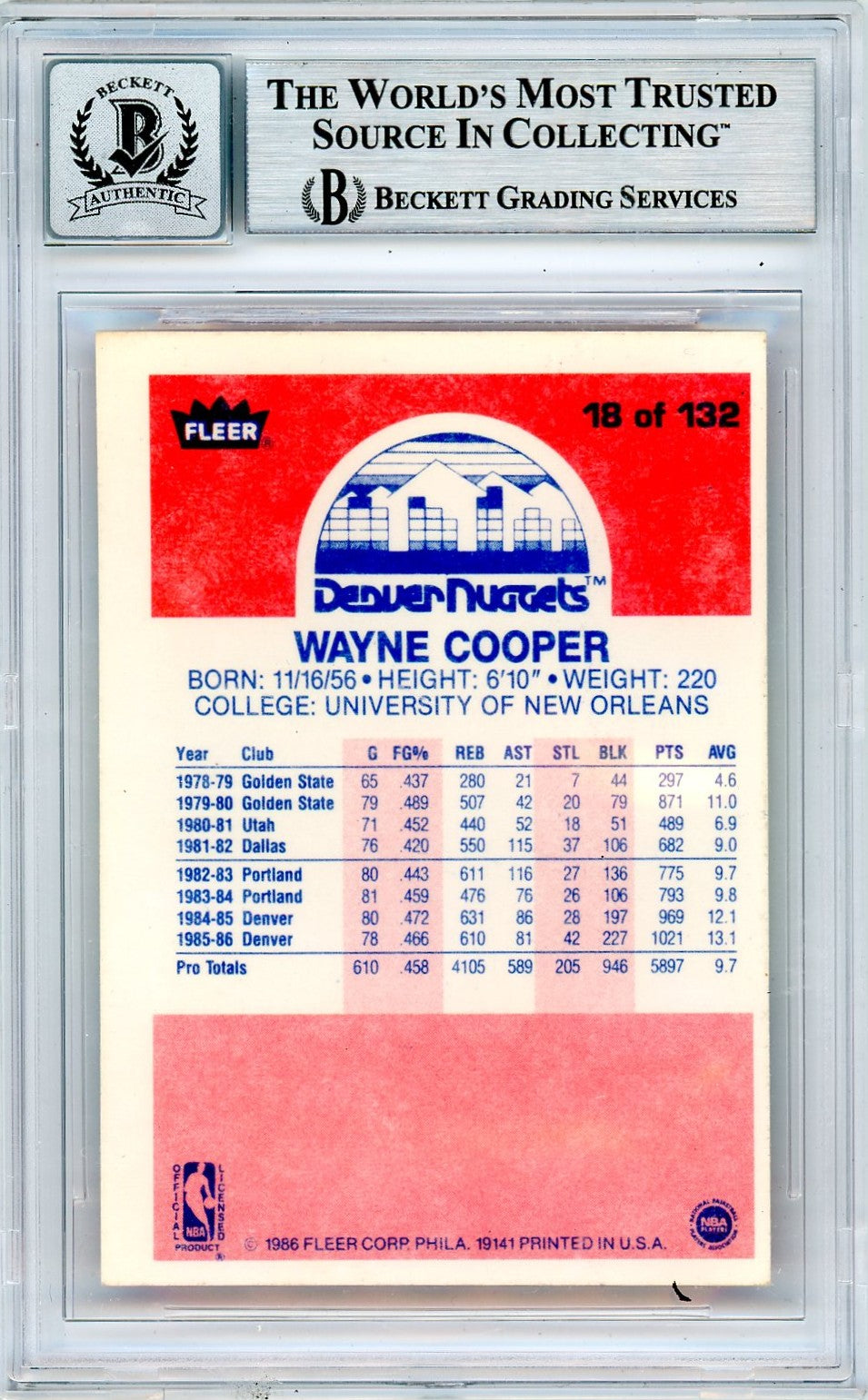 1986 Fleer Wayne Cooper #18 BGS Authentic BAS Auto 10
