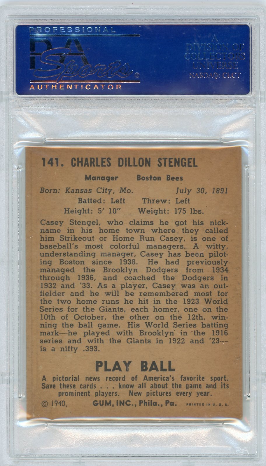 1940 Play Ball Casey Stengel #141 PSA 5
