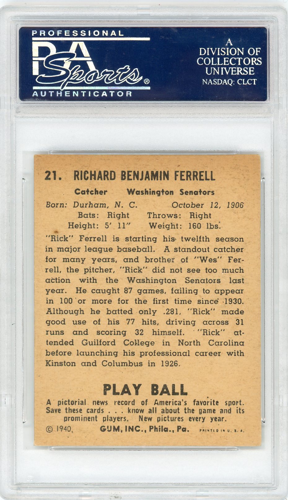 1940 Play Ball Rick Ferrell #21 PSA 5.5
