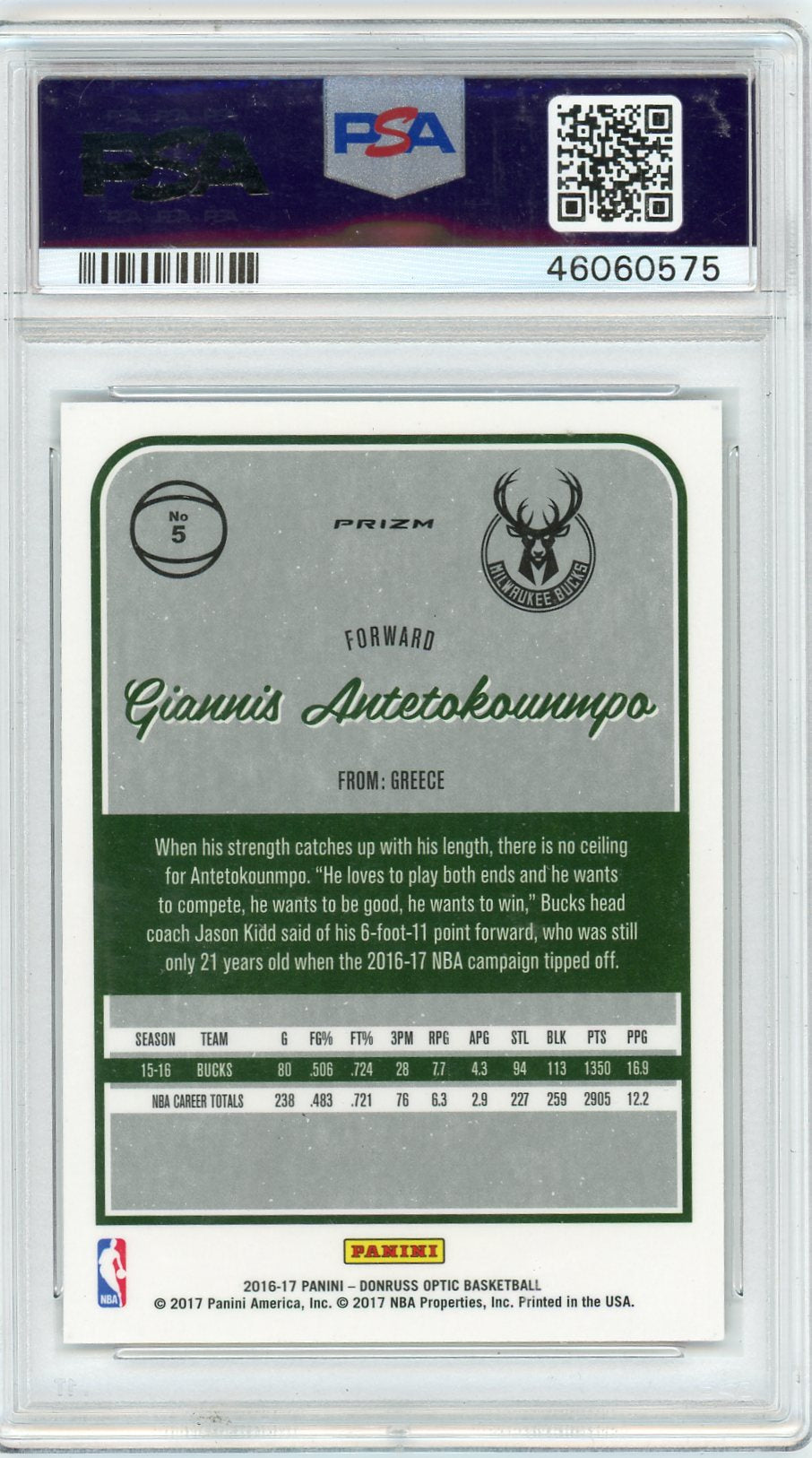 2016 Panini Donruss Optic G. Antetokounmpo #5 Purple PSA 10