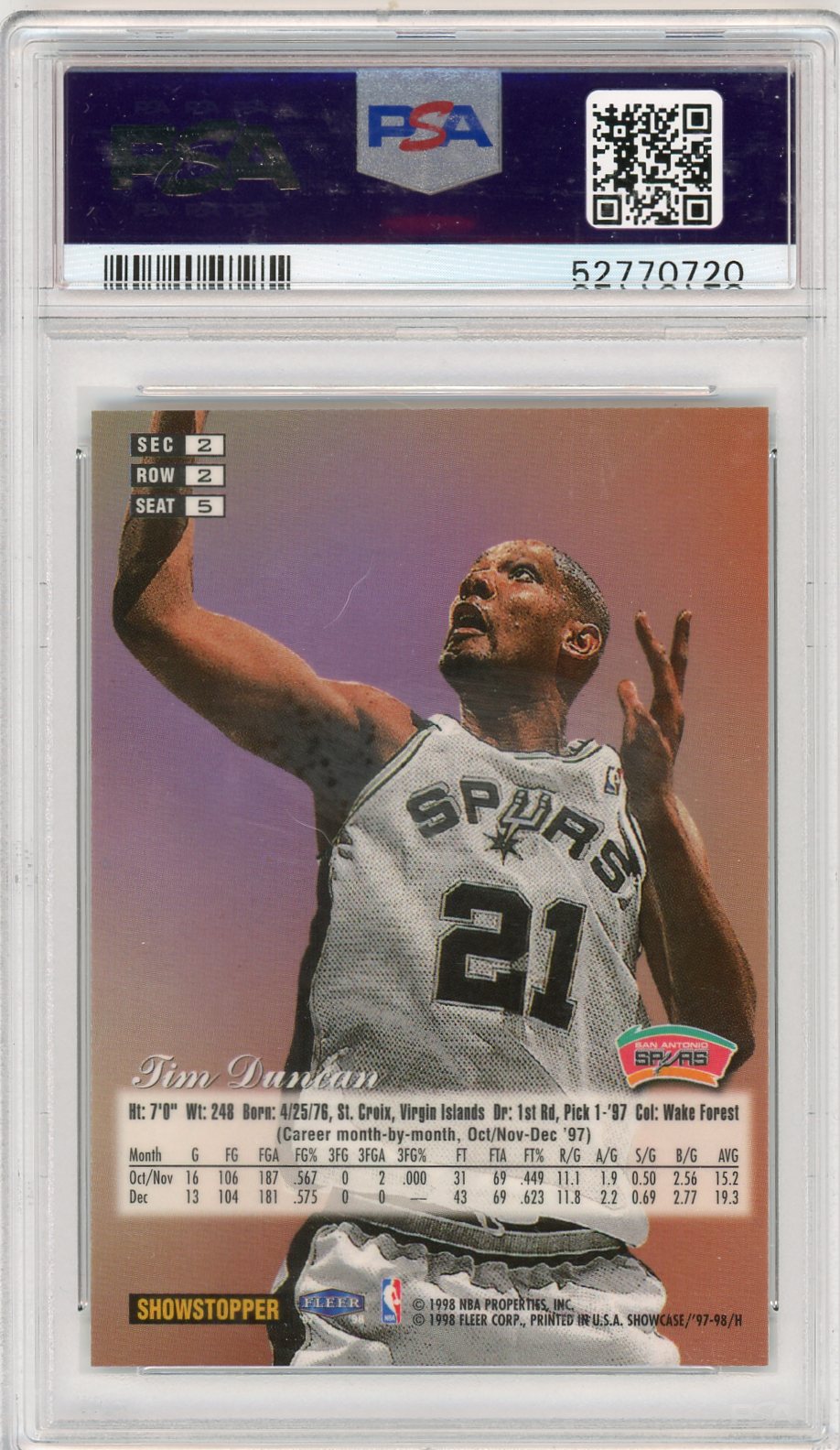 1997 Flair Showcase Tim Duncan #5 Row 2 PSA 10