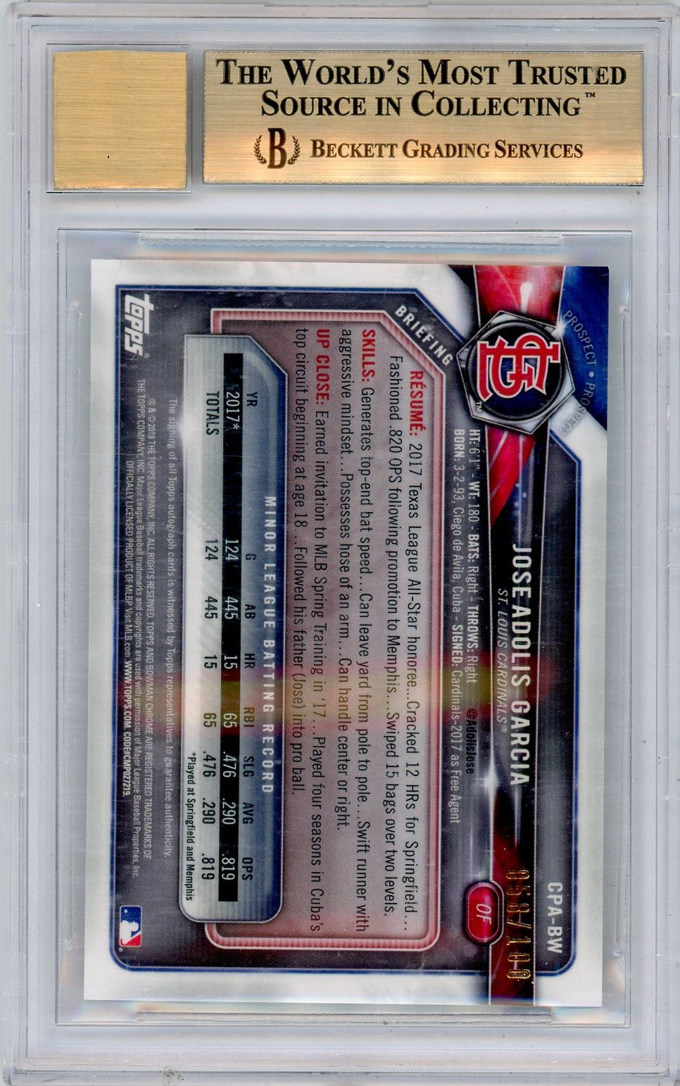 2018 Bowman Chrome Autograph Atomic Refractor Jose Adolis Garcia BGS 9.5 Auto 10