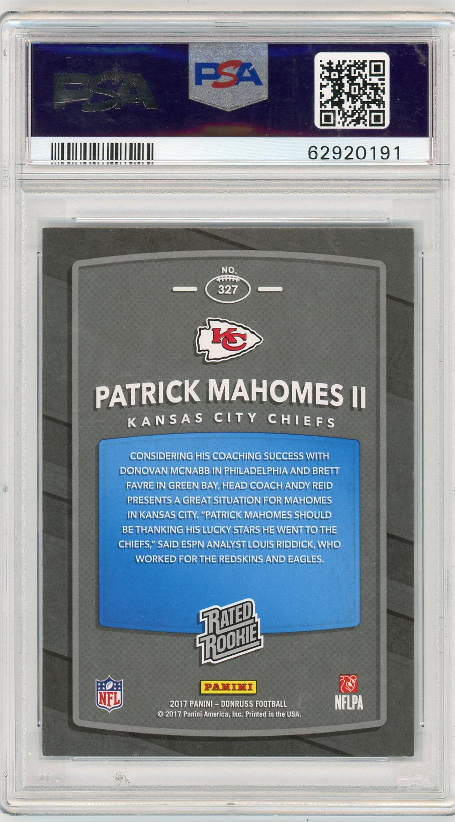 2017 Panini Donruss Patrick Mahomes II #327 PSA 9