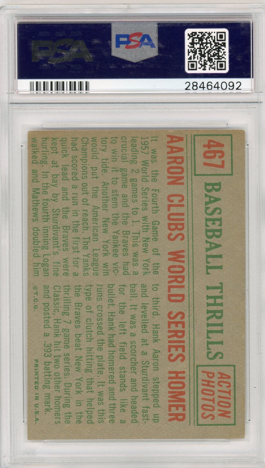 1959 Topps Aaron Clubs World #467 Series Homer PSA 6