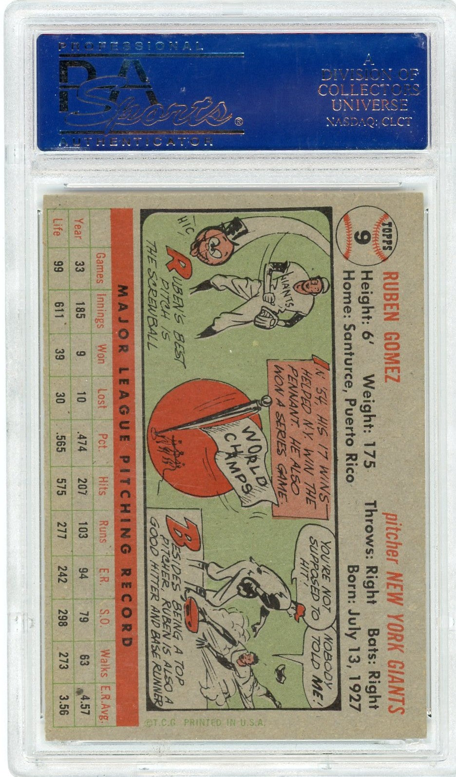 1956 Topps Ruben Gomez #9 Gray Back PSA 7
