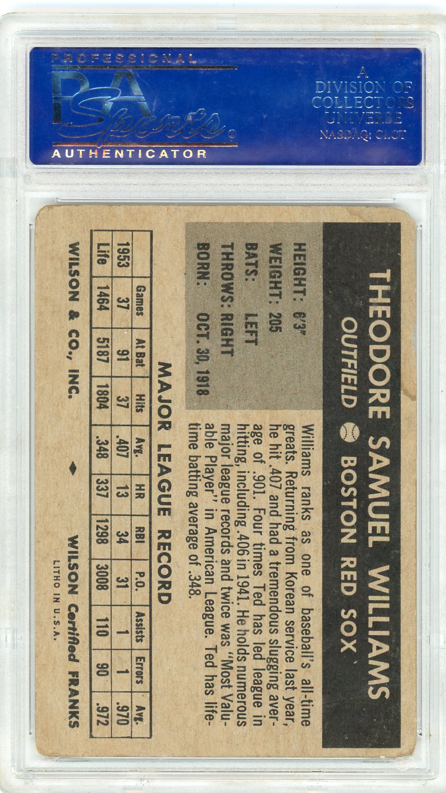 1954 Wilson Franks Ted Williams PSA 2