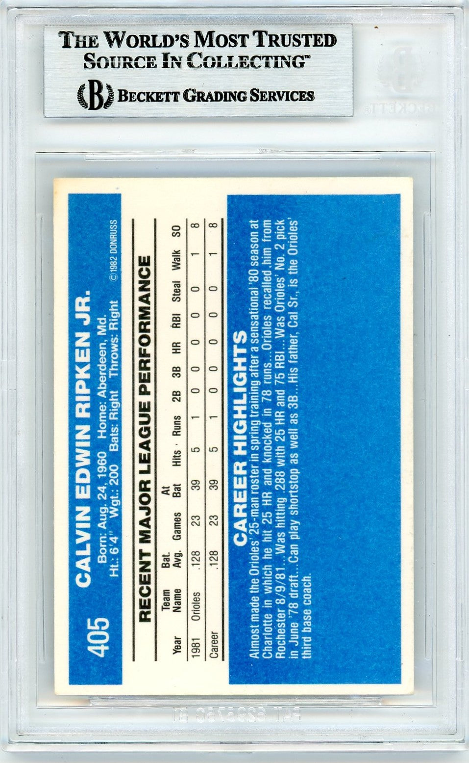 1982 Donruss Cal Ripken #405 BGS Authentic Rookie BAS Auto Authentic