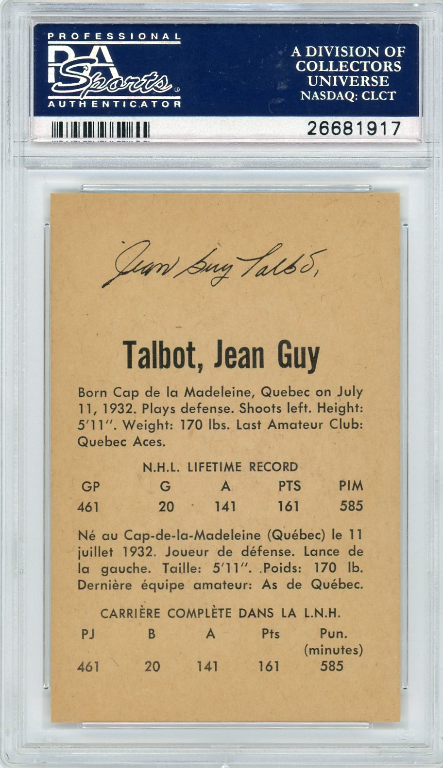 1962 Parkhurst Jean-Guy Talbot #51 PSA 9