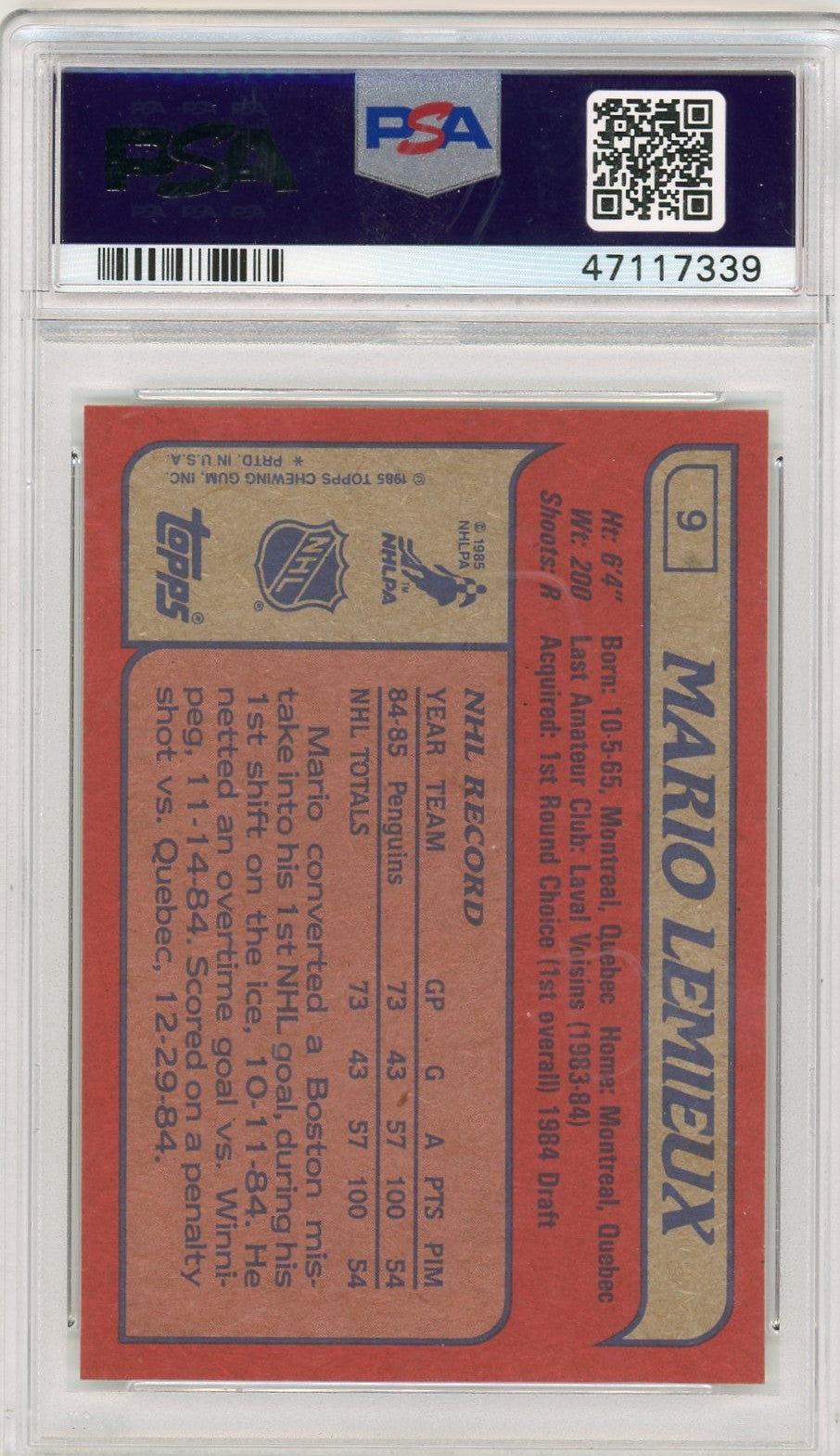 1985 Topps Mario Lemieux #9 PSA 8