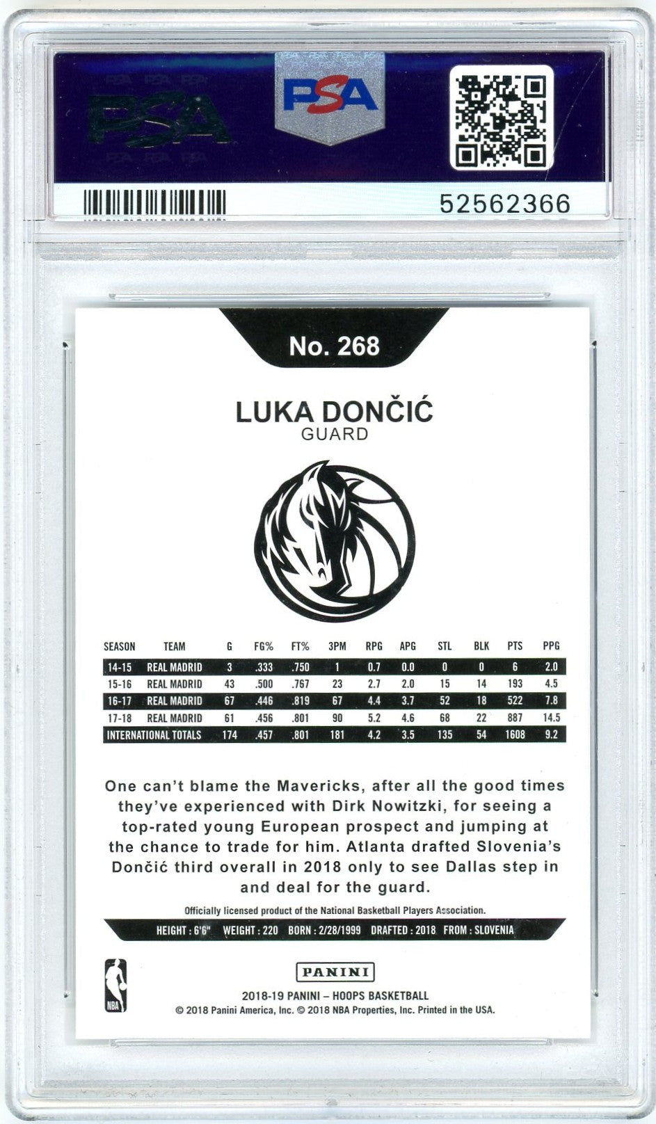 2018 Panini Hoops Luka Doncic #268 PSA 10
