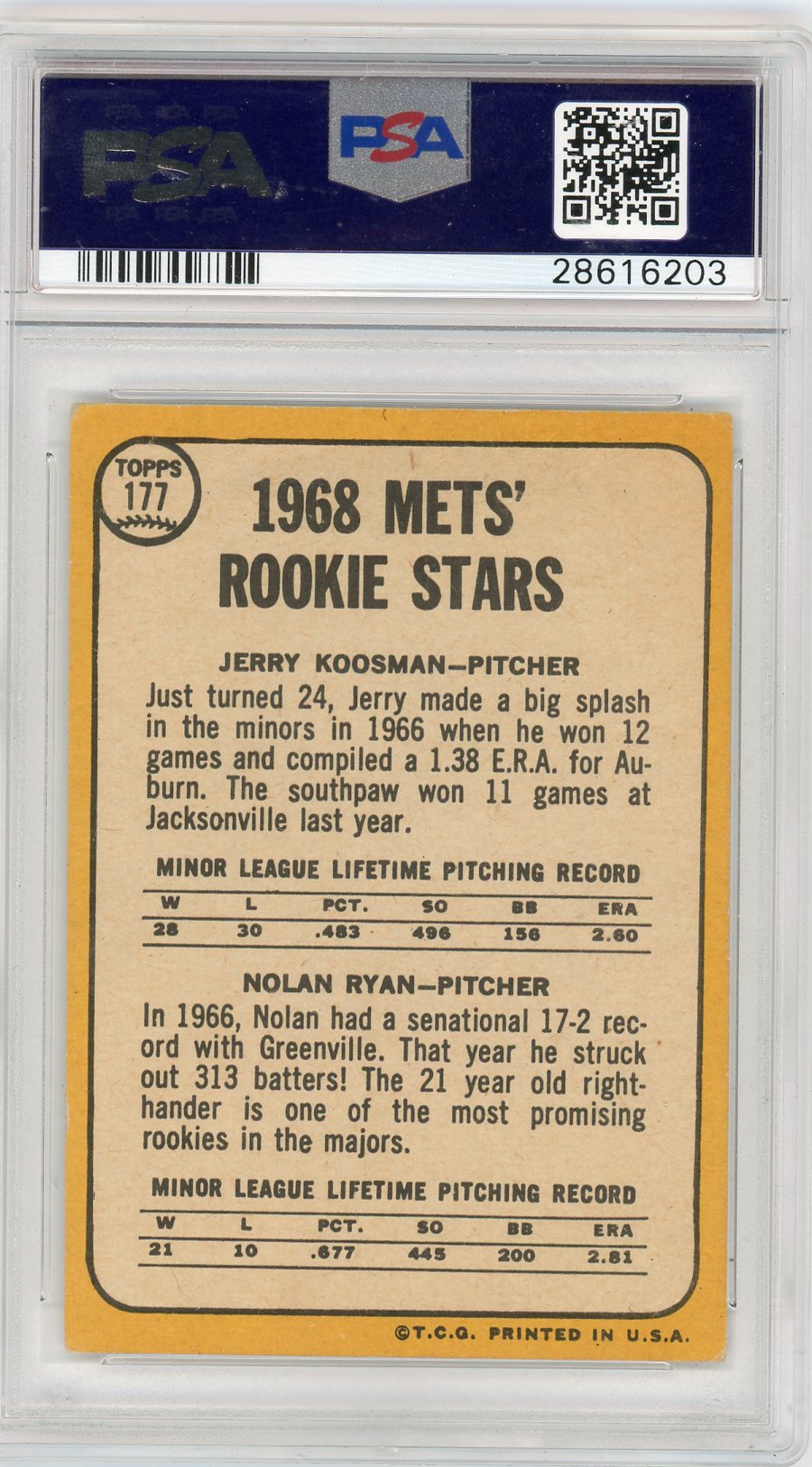 1968 Topps Mets Rookies #177 J. Koosman N. Ryan PSA 2.5