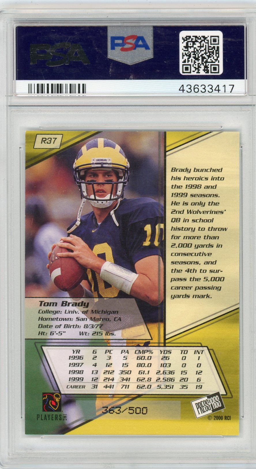 2000 Press Pass Tom Brady #R37 Reflector PSA 9