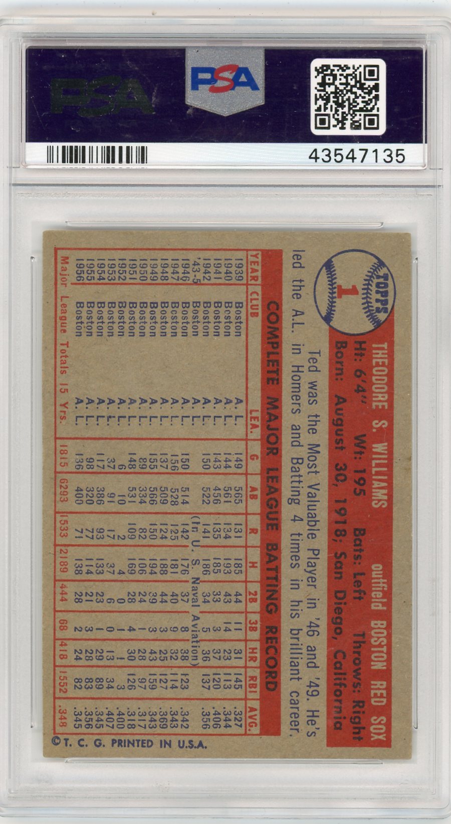 1957 Topps Ted Williams #1 PSA 5