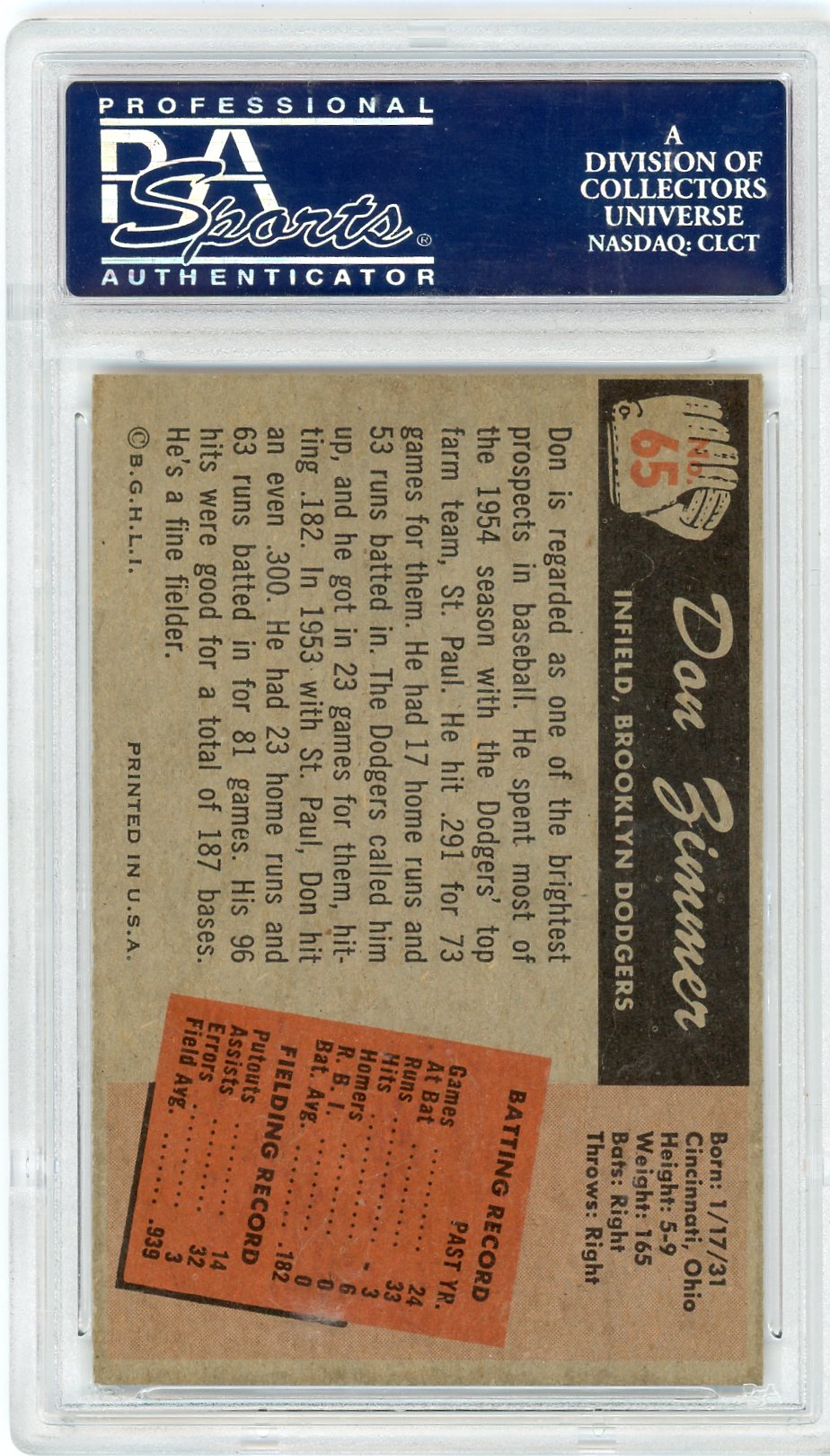 1955 Bowman Don Zimmer #65 PSA 7