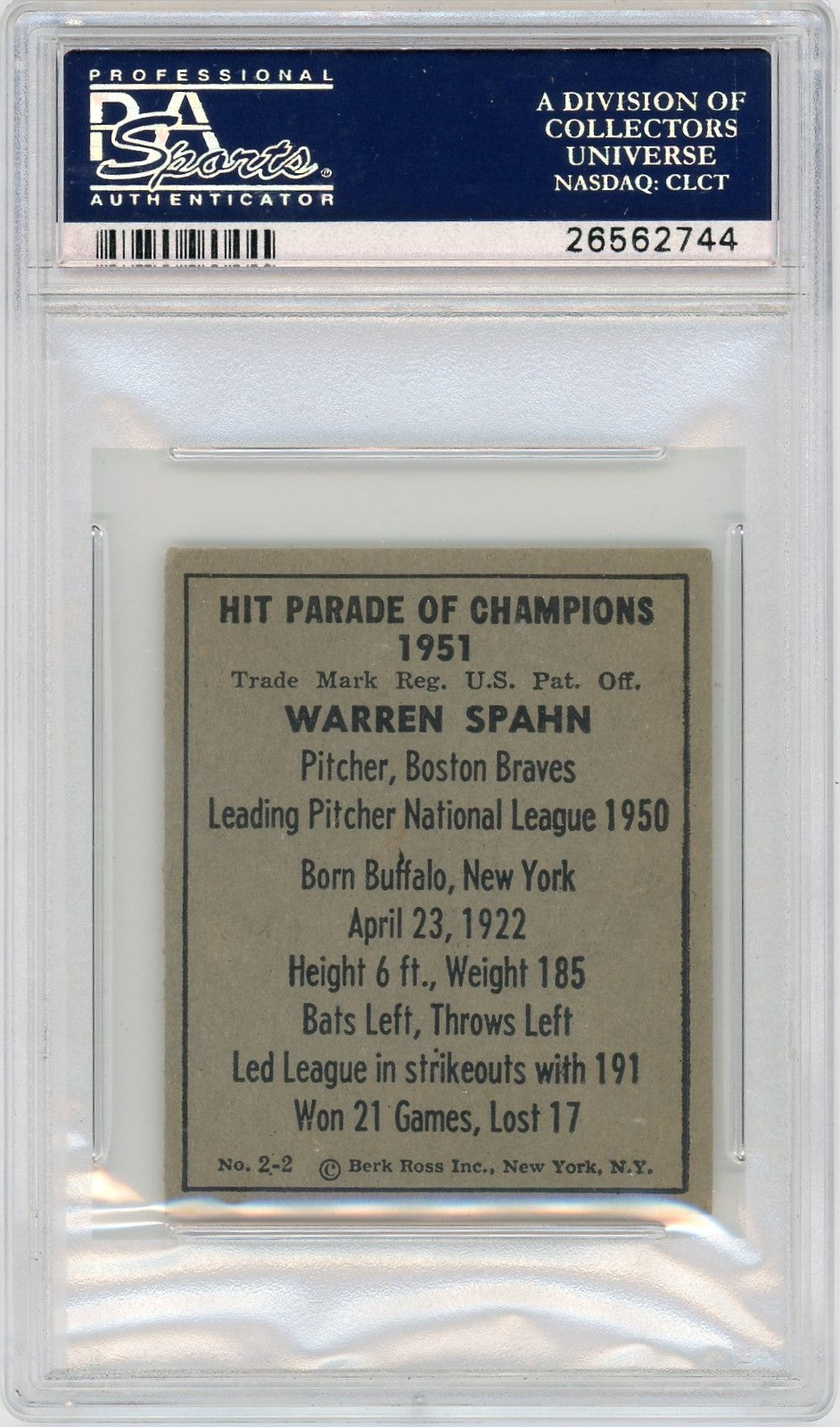 1951 Berk Ross Warren Spahn #2-2 PSA 8