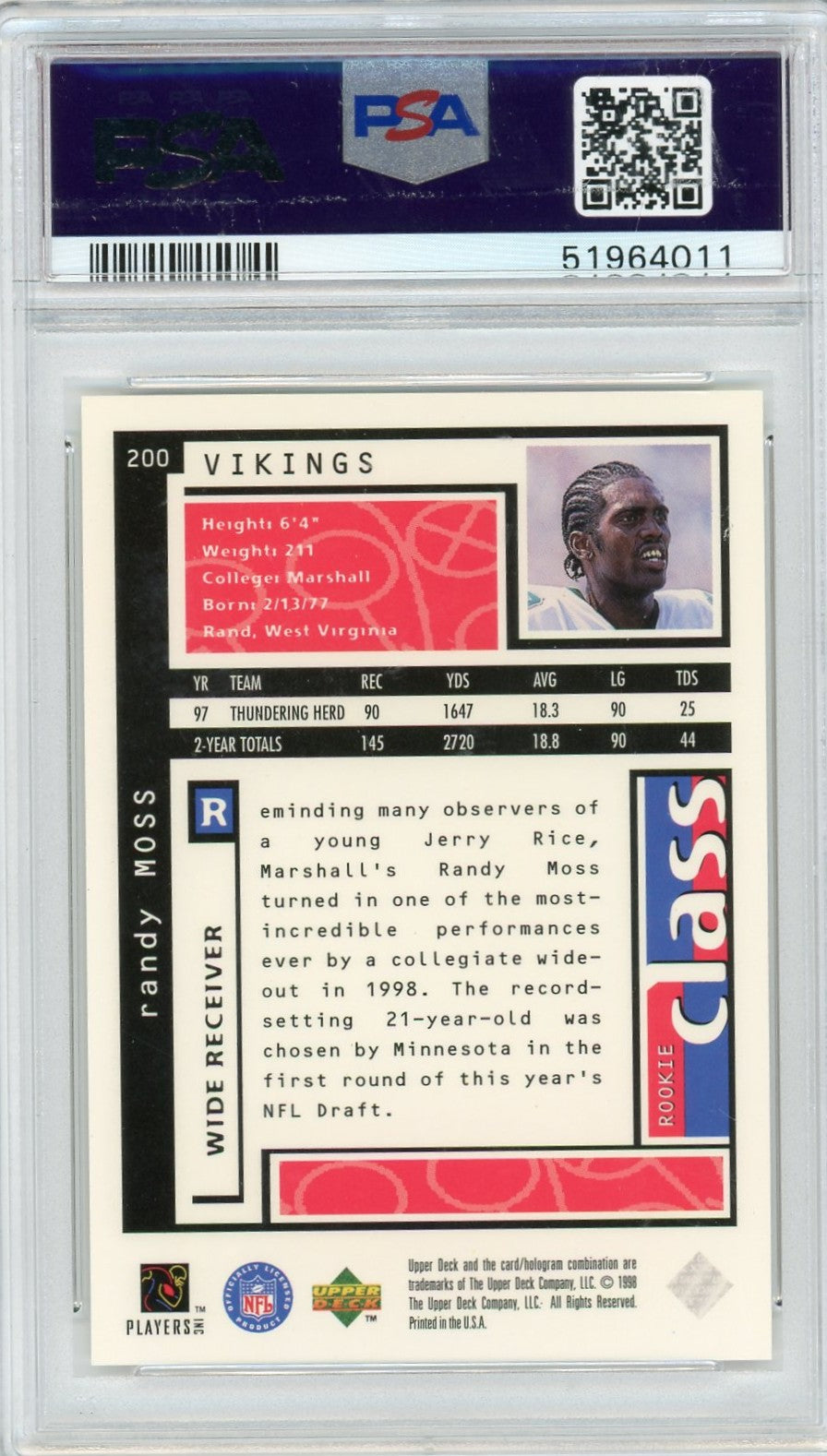 1998 UD Choice Randy Moss #200 PSA 10