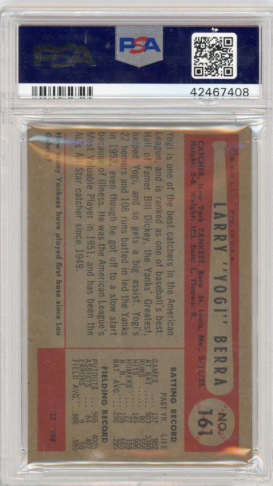 1954 Bowman Yogi Berra #161 PSA 7