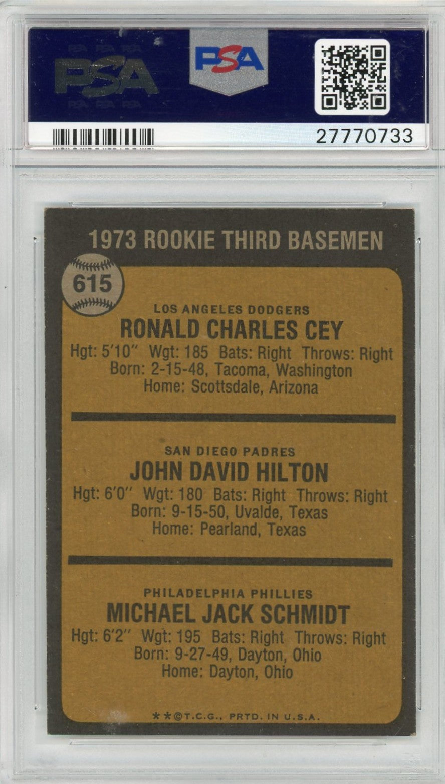 1973 Topps Rookie 3RD Basemen #615 Cey Hilton Schmidt PSA 8