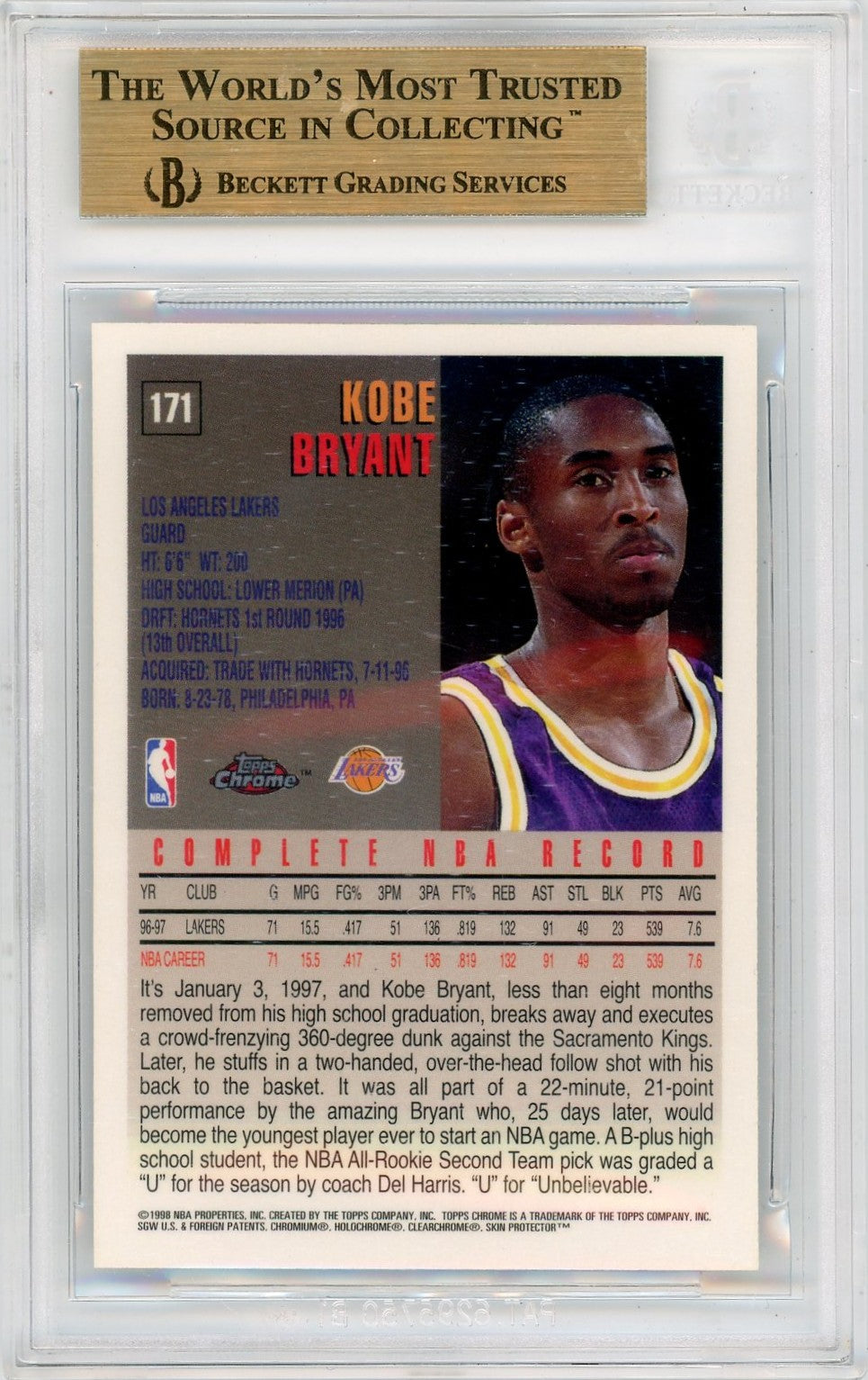 1997 Topps Chrome Kobe Bryant #171 BGS 9.5