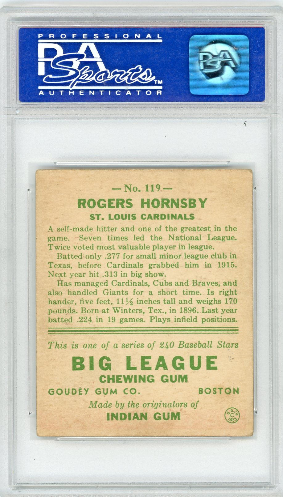 1933 Goudey Rogers Hornsby #119 PSA 5