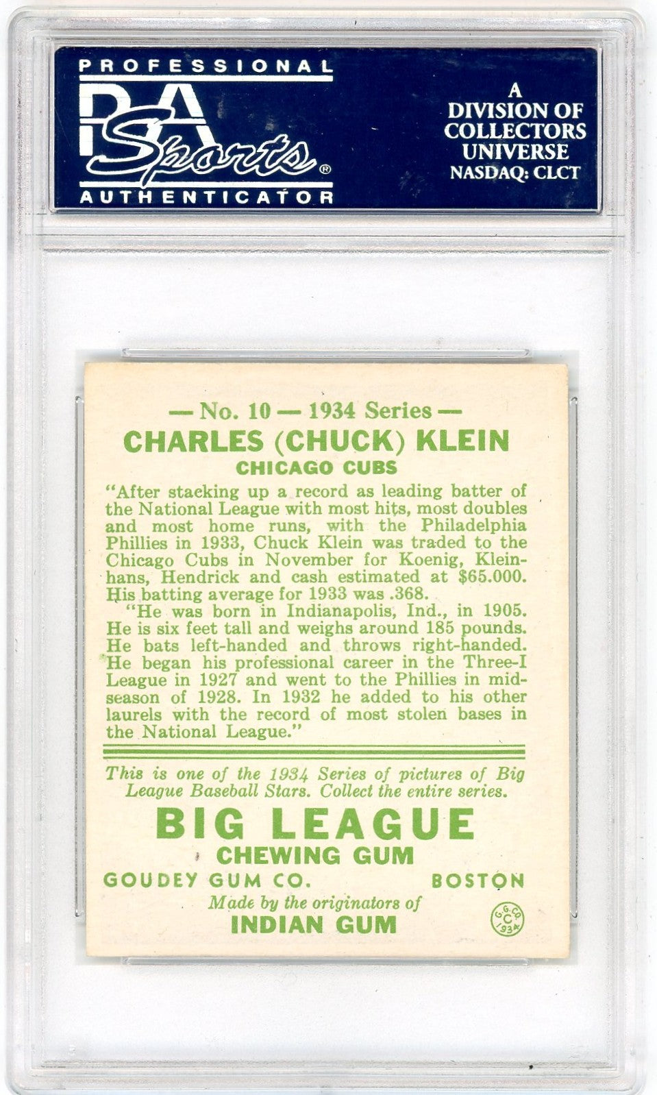 1934 Goudey Chuck Klein #10 PSA 6