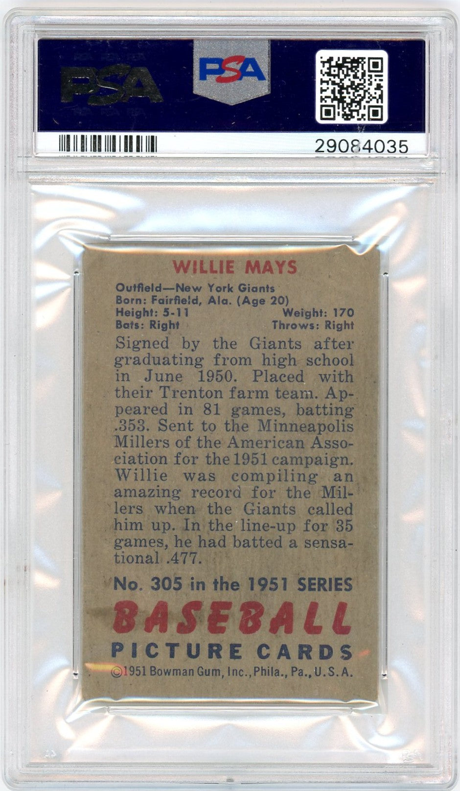 1951 Bowman Willie Mays #305 PSA 3