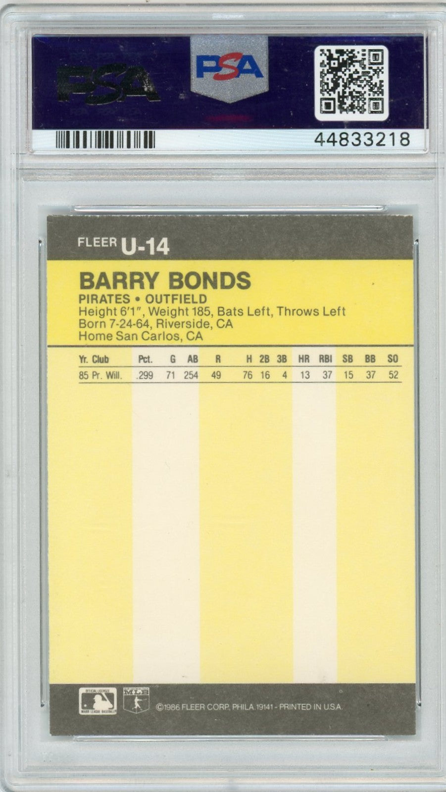 1986 Fleer Update Barry Bonds #U-14 PSA 9