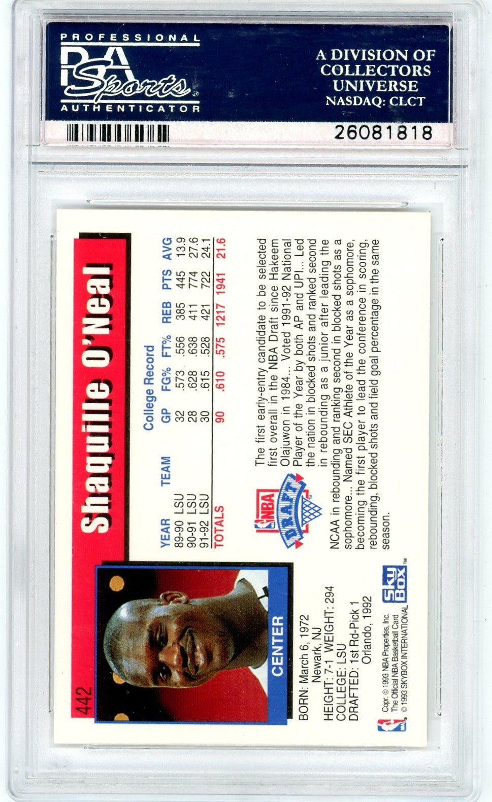 1992 Hoops Shaquille O'Neal #442 PSA 10