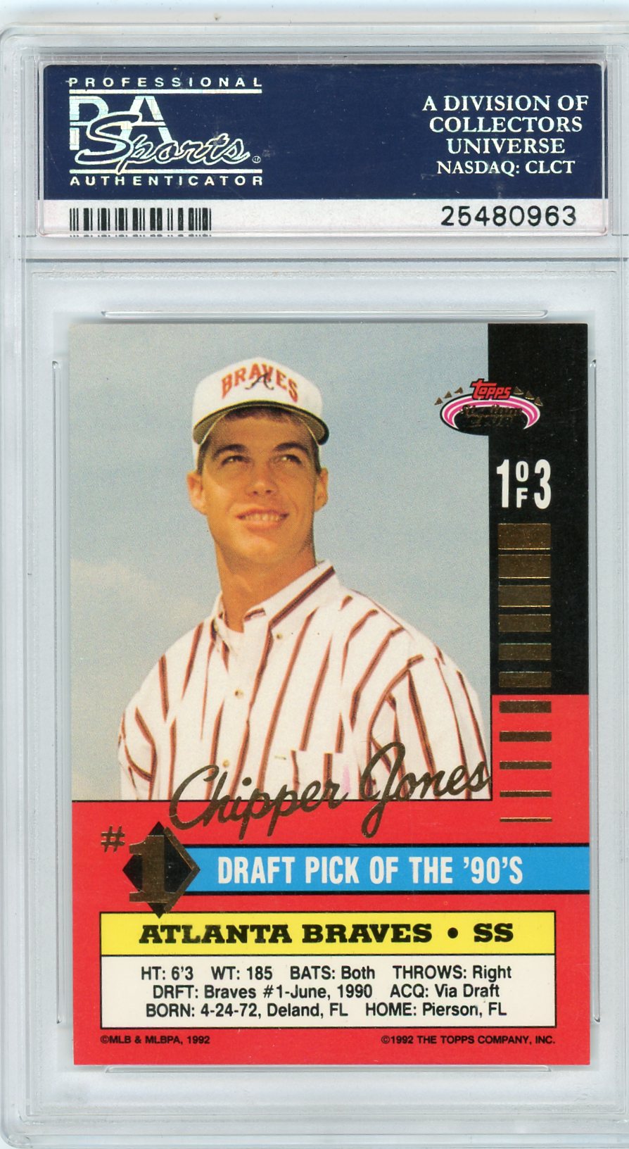 1992 Stadium Club 1st Draft Pick Chipper Jones #1 First PSA 10